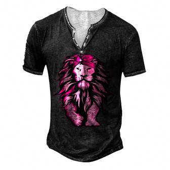 Lion Pink Bandana Breast Cancer Awareness Survivor Warrior Men's Henley Button-Down 3D Print T-shirt - Thegiftio UK