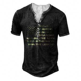 Mens Grandpa The Man The Myth The Legend Fathers Day Camo Us Flag Men's Henley Button-Down 3D Print T-shirt - Thegiftio UK