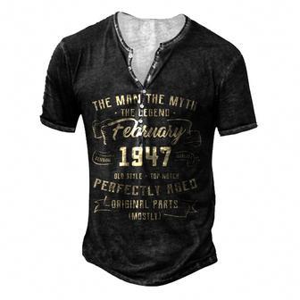 Mens Man Myth Legend February 1947 75Th Birthday Gift 75 Year Old Men's Henley Button-Down 3D Print T-shirt - Thegiftio UK