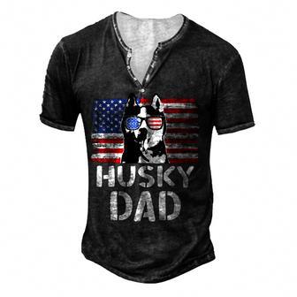 Mens Vintage American Flag Husky Dad Dog Gift For Fathers Day Men's Henley Button-Down 3D Print T-shirt - Thegiftio UK