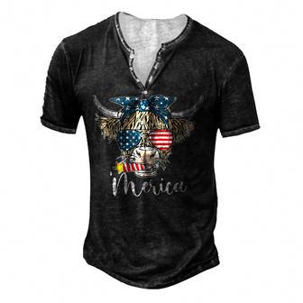 Merica Highland Cow Bandana Sunglass Usa Flag 4Th Of July Men's Henley Button-Down 3D Print T-shirt - Thegiftio UK