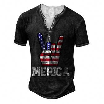 Merica Rock Sign 4Th Of July Vintage American Flag Retro Usa Men's Henley Button-Down 3D Print T-shirt - Thegiftio UK