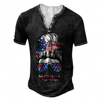 Messy Bun Hair Woman Merica Tie Dye Sunglasses Usa Flag Men's Henley Button-Down 3D Print T-shirt - Thegiftio UK