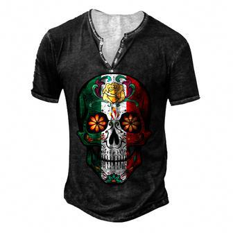 Mexico Skull Flag Mexico National Hispanic Heritage Month Men's Henley Button-Down 3D Print T-shirt - Thegiftio UK