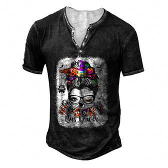 One Spooky Bus Driver Messy Bun Trick Or Treat Halloween V3 Men's Henley Button-Down 3D Print T-shirt - Thegiftio UK