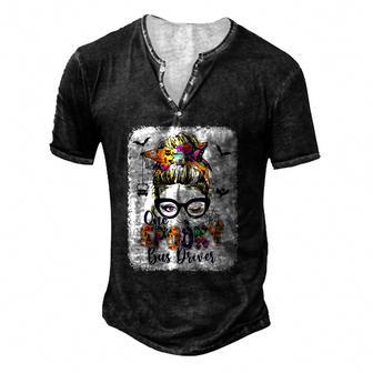 One Spooky Bus Driver Messy Bun Trick Or Treat Halloween V4 Men's Henley Button-Down 3D Print T-shirt - Thegiftio UK