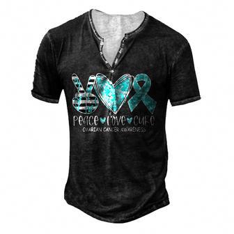 Ovarian Cancer Awareness Teal Ribbon Heart Peace Love Cure Men's Henley Button-Down 3D Print T-shirt - Thegiftio UK