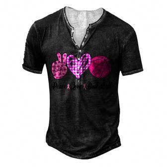 Peace Love Basketball Pink Ribbon Breast Cancer Awareness Men's Henley Button-Down 3D Print T-shirt - Thegiftio UK