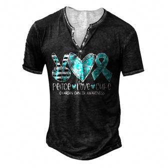 Peace Love Cure Cute Heart Graphic Ovarian Cancer Awareness Men's Henley Button-Down 3D Print T-shirt - Thegiftio UK