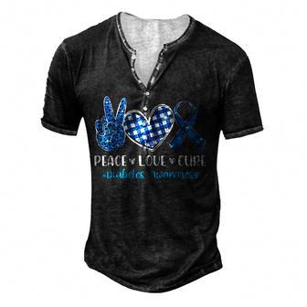 Peace Love Cure Grey Blue Ribbon Diabetes Awareness Men's Henley Button-Down 3D Print T-shirt - Thegiftio UK