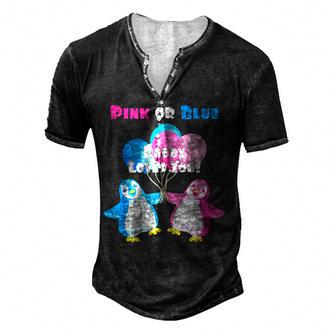Penguin Gender Reveal Pink Or Blue Daddy Loves You Men's Henley Button-Down 3D Print T-shirt - Thegiftio UK