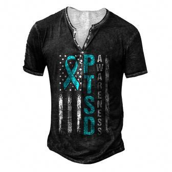 Ptsd Teal Ribbon Distressed Us Flag Great Rising Awareness Men's Henley Button-Down 3D Print T-shirt - Thegiftio UK