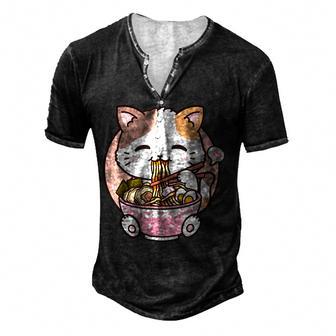 Ramen Cat Kawaii Anime Cat Ramen Lover Kawaii Neko Men's Henley Button-Down 3D Print T-shirt - Thegiftio UK