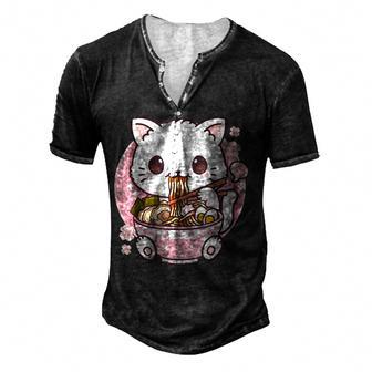 Ramen Cat Kawaii Anime Ramen Cat Cat Lovers Kawaii Neko Men's Henley Button-Down 3D Print T-shirt - Thegiftio UK