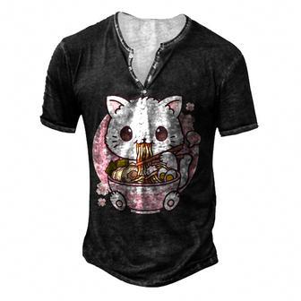 Ramen Cat Kawaii Anime Ramen Cat Cat Lovers Kawaii Neko V2 Men's Henley Button-Down 3D Print T-shirt - Thegiftio UK