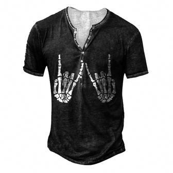 Rock On Skeleton Hand Gestures - Hard Rock On Skeleton Bones Men's Henley Button-Down 3D Print T-shirt - Thegiftio UK