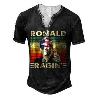 Ronald Ragin Drinking President Vintage Retro American Flag Men's Henley Button-Down 3D Print T-shirt - Thegiftio UK