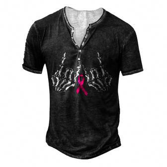 Skeleton Rock Hand Breast Cancer Awareness Cool Pink Ribbon Men's Henley Button-Down 3D Print T-shirt - Thegiftio UK