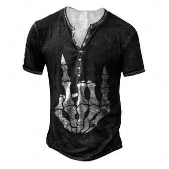 Skeleton Rock Hand Pocket Lazy Halloween Costume Cool Bones Men's Henley Button-Down 3D Print T-shirt - Thegiftio UK