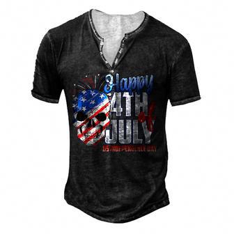 Skull Usa Flag & Firework Happy 4Th July Us Independence Day Men's Henley Button-Down 3D Print T-shirt - Thegiftio UK