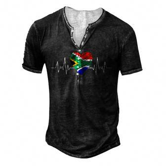 South Africa Flag With Heartbeat Pride Grunge African Flag Men's Henley Button-Down 3D Print T-shirt - Thegiftio UK