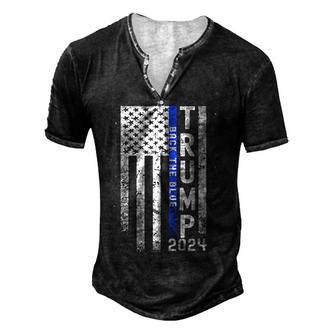 Trump 2024 Back The Blue American Flag Blue Line 4Th Of July Men's Henley Button-Down 3D Print T-shirt - Thegiftio UK