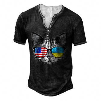 Ukraine Us Flag Roots Cat Ukrainian American Men's Henley Button-Down 3D Print T-shirt - Thegiftio UK