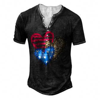 Usa Flag Heart 4Th Of July Leopard Patriotic Red White Blue Men's Henley Button-Down 3D Print T-shirt - Thegiftio UK