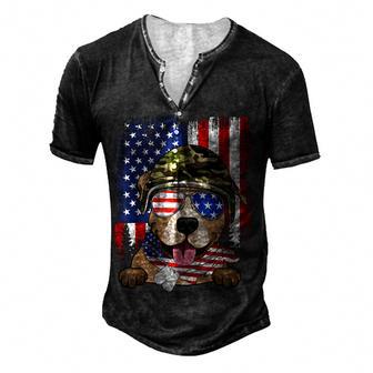 Vintage American Flag 4Th Of July Pitbull Veteran Dog Lover V2 Men's Henley Button-Down 3D Print T-shirt - Thegiftio UK