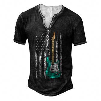 Vintage Guitar - American Us Flag Men's Henley Button-Down 3D Print T-shirt - Thegiftio UK