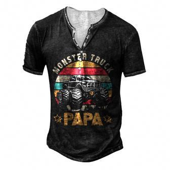 Vintage Monster Truck Papa Happy Father Daddy Grandpa Driver Men's Henley Button-Down 3D Print T-shirt - Thegiftio UK