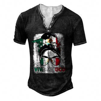 Viva Mexico Messy Bun With Bandana And Glasses Mexican Flag V2 Men's Henley Button-Down 3D Print T-shirt - Thegiftio UK