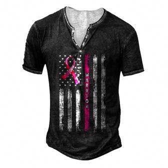 Warrior American Flag Breast Cancer Awareness Pink Ribbon Men's Henley Button-Down 3D Print T-shirt - Thegiftio UK