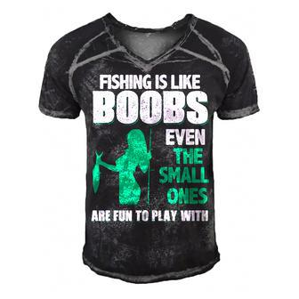 Fishing - Even The Small Ones Are Fun Front Men's Short Sleeve V-neck 3D Print Retro Tshirt - Seseable
