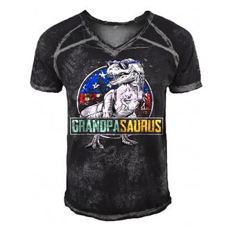 Mens Grandpa Saurus Dinosaur T Rex American Flag Family Matching Men's Short Sleeve V-neck 3D Print Retro Tshirt - Thegiftio