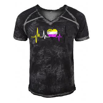 Nonbinary Pride Heartbeat Lgbt Non Binary Flag Heartbeat  Men's Short Sleeve V-neck 3D Print Retro Tshirt