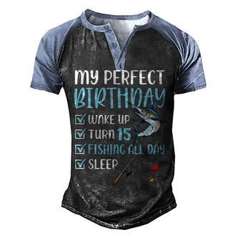 15 Year Old Fishing Birthday Party 15Th Boy Bday Fifn Men's Henley Shirt Raglan Sleeve 3D Print T-shirt - Thegiftio UK