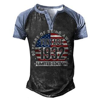 90Th Birthday Gifts Men Vintage 1932 90 Years Old Usa Flag Men's Henley Shirt Raglan Sleeve 3D Print T-shirt - Thegiftio UK