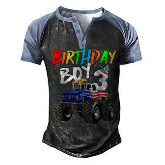 Birthday Boy 3 Year Old Monster Truck Flag 3Rd Birthday Men's Henley Shirt Raglan Sleeve 3D Print T-shirt - Thegiftio UK