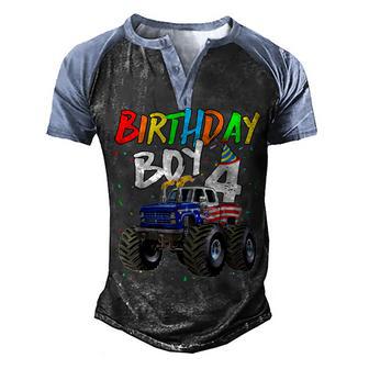 Birthday Boy 4 Year Old Monster Truck Flag 4Th Birthday Men's Henley Shirt Raglan Sleeve 3D Print T-shirt - Thegiftio UK