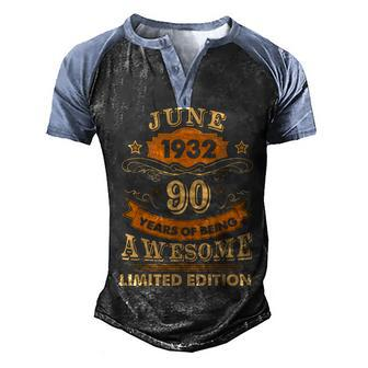 June 90 Year Old Vintage 1932 90Th Birthday Men's Henley Shirt Raglan Sleeve 3D Print T-shirt - Seseable