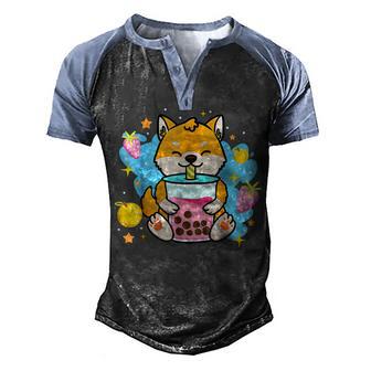 Kawaii Anime Shiba Inu Dog Drinking Boba Bubble Tea Men's Henley Shirt Raglan Sleeve 3D Print T-shirt - Thegiftio UK