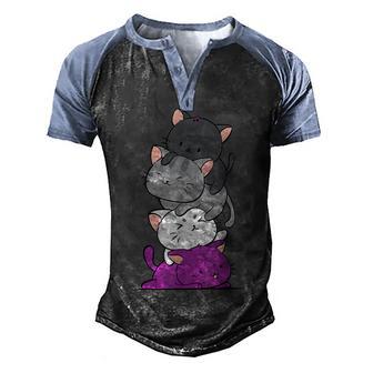 Kawaii Cat Pile Anime - Asexual Pride Flag Kittens Men's Henley Shirt Raglan Sleeve 3D Print T-shirt - Thegiftio UK