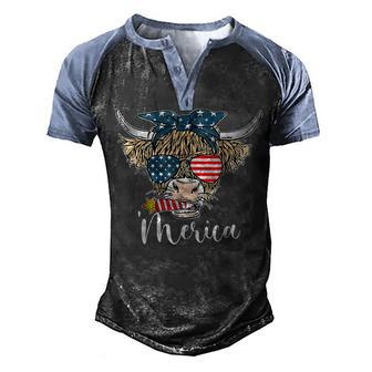 Merica Highland Cow Bandana Sunglass Usa Flag 4Th Of July Men's Henley Shirt Raglan Sleeve 3D Print T-shirt - Thegiftio UK