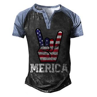 Merica Rock Sign 4Th Of July Vintage American Flag Retro Usa Men's Henley Shirt Raglan Sleeve 3D Print T-shirt - Thegiftio UK