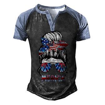 Messy Bun Hair Woman Merica Tie Dye Sunglasses Usa Flag Men's Henley Shirt Raglan Sleeve 3D Print T-shirt - Thegiftio UK