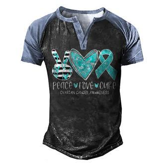 Ovarian Cancer Awareness Teal Ribbon Heart Peace Love Cure Men's Henley Shirt Raglan Sleeve 3D Print T-shirt - Thegiftio UK