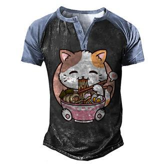 Ramen Cat Kawaii Anime Cat Ramen Lover Kawaii Neko Men's Henley Shirt Raglan Sleeve 3D Print T-shirt - Thegiftio UK