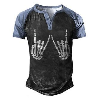 Rock On Skeleton Hand Gestures - Hard Rock On Skeleton Bones Men's Henley Shirt Raglan Sleeve 3D Print T-shirt - Thegiftio UK
