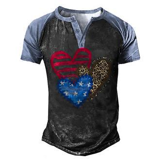 Usa Flag Heart 4Th Of July Leopard Patriotic Red White Blue Men's Henley Shirt Raglan Sleeve 3D Print T-shirt - Thegiftio UK